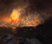 Landscape scene of the Great Baltimore Fire which occurred February 8, 1904. Seen from afar across rooftops and the harbor, fire spreads across the city in orange and yellow flames. A small steamboat appears in harbor, with some orange ripples reflecting on green-gray water surface covered in smoke.