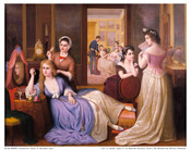 An interior scene of young women in a brothel. A young woman wearing a blue and white dress is reclined and gazing at her reflection while her long blonde hair is being brushed by the woman behind her. To the right, a woman in a pink and cream colored dress stands with her back to…