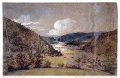 Painted sketch of a landscape scene depicting Harpers Ferry, West Virginia, centrally featuring the river winding through tree-covered hills underneath a cloudy sky. The scene is viewed from atop a hill, at the foot of which sits a small building.