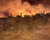 This landscape painting depicts a view from the rooftop of the Belvedere Hotel of the Great Baltimore Fire that burned thousands of buildings in the city on February 8, 1904. A smoky haze obscures much of the foreground of the painting while orange flames and clouds of black smoke are seen raging above the city…