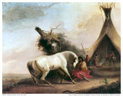 Image depicts Shoshone man dressed in a hide or fur shirt and red skirt, sitting in foreground at center, petting a white horse. A tree trunk and brush appear behind, with a large teepee at right with other figures in front, overlooking the valley at lower left. They sit under a light blue and pink…