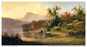 Landscape scene showing a stream meeting the shore in the center of the composition. Figures stand on shore and row a canoe in the water. Rocks and brush appear at lower left and along a slope at right. Rocky cliffs and mountains are seen in the background underneath golden clouds in a blue sky.