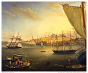 Seascape featuring multiple large ships in the water of Bowly's Wharf in Baltimore, Maryland, with a view of Federal Hill in the background underneath a golden sky. Three smaller rowboats full of people move through the water in the foreground at left.