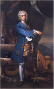 This full-length portrait features Charles Calvert II (1699-1751), the Fifth Lord Baron of Baltimore, who assumed this title at the age of 16. He wears a long powdered wig, a blue frock coat with gold details, and white stockings underneath his blue and gold breeches. Lord Calvert stands with his right arm holding a baton…