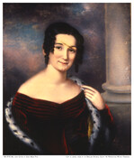 Half-length portrait shows Eleanor Smith Gittings (Mrs. John S. Gittings) as young woman with dark hair parted center in ringlets, wearing red velvet off-shoulder dress and black ermine-trimmed wrap. She holds proper left hand to shoulder. A column stands in background to he proper left in front of a pink and blue cloudy sky.
