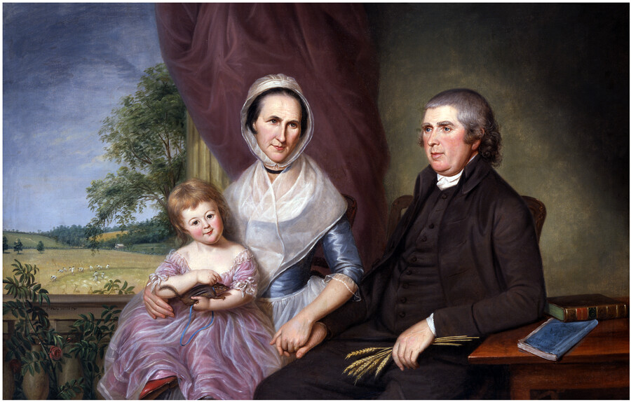 Group portrait of the Gittings family, including Colonel James Gittings (1735-1823), Elizabeth Buchanan Gittings (1742-1818) and their granddaughter Louise (1789-1841) on their plantation, Long Green by Charles Willson Peale (1741-1827). James Gittings wears a black coat, vest, and breeches with a white stock. Elizabeth holds his hand and wears a blue dress with a white…