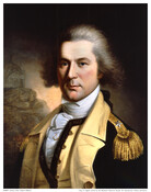 Bust-length portrait depicting General Otho Holland Williams (1749-1794) with ear-length gray wig, seen in three-quarter view facing right. He wears a blue and gold Revolutionary War uniform with a fur-trimmed yellow vest and white shirt and stock. Painted by Rembrandt Peale (1778-1860) after original portrait by Charles Wilson Peale (1741-1827) for Rembrandt's "Gallery of Heroes."