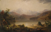 Landscape painting by Alfred Jacob Miller (1810-1874) shows an American Indian settlement before a lake and a mountain range, underneath a blue-gray sky.