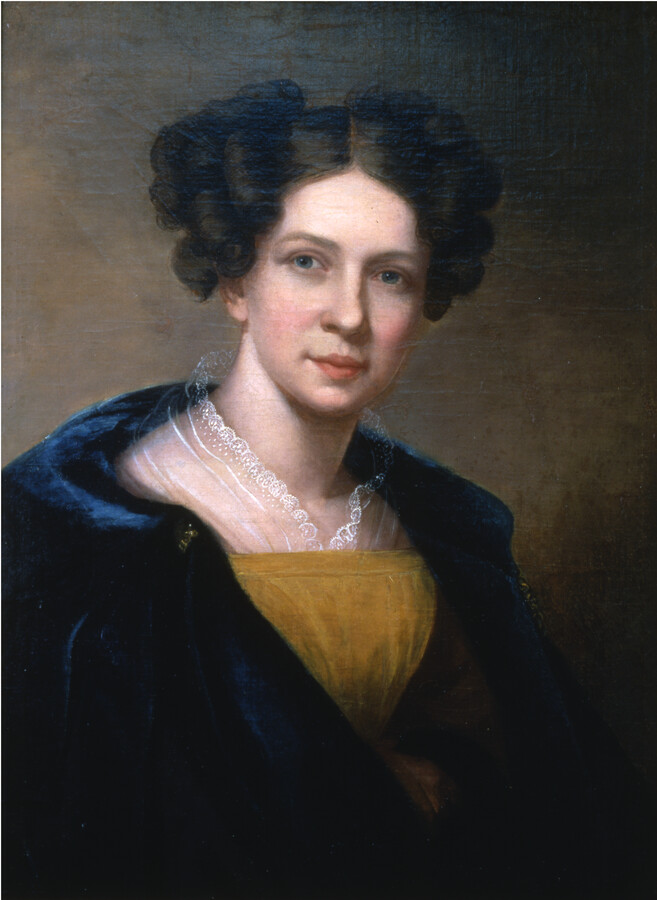 Bust-length self-portrait of Sarah Miriam Peale (1800-1885). Peale executed her first self-portrait around 1818, depicting herself in bright red velvet drapery. This later self-portrait shows an older, wiser, and more confident woman who was an established artist. By 1830, Sarah was an accomplished portraitist who had been nominated to the Pennsylvania Academy of Fine Arts,…