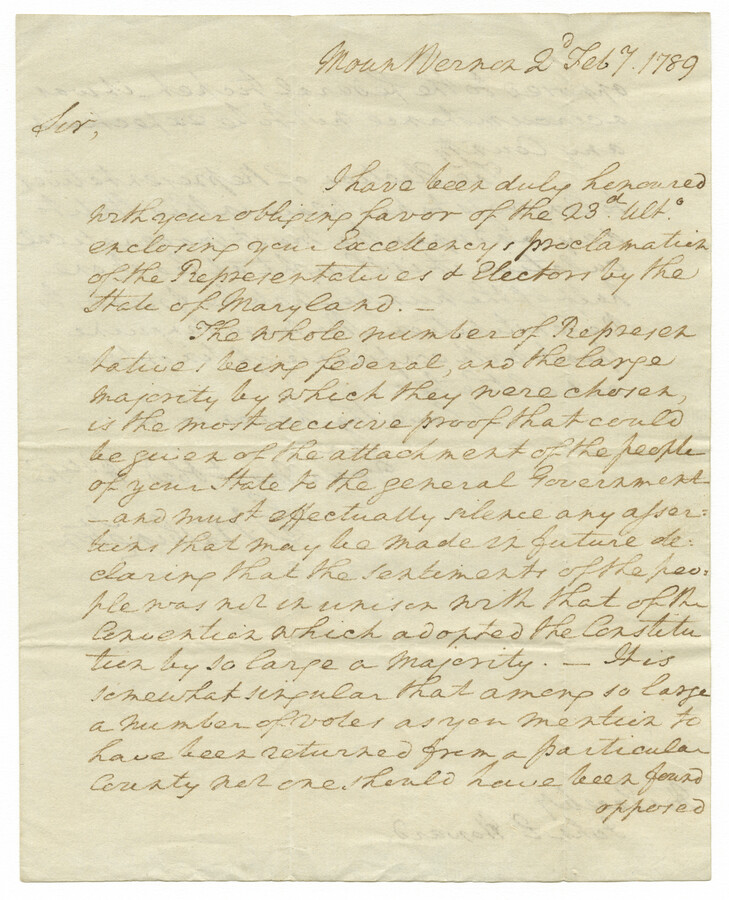 A handwritten letter from George Washington to John Eager Howard. The letter was written about three months prior to Washington's inauguration as the first president of the United States on April 30th, 1789.