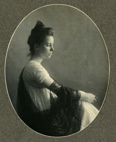 Portrait of Sue Collins in black shawl — undated