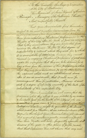 Letter from Anne Wignell and Alexander Reinagle to the Mayor and City Council of Baltimore — 1804-02-18