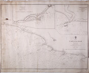 Map of Cape Palmas, Liberia, on the west coast of Africa. Includes an enlarged view with the American Settlement of Harper and the Tafou River.