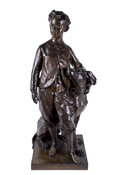 Bronze sculpture in the round of the Imperial Prince Napoléon Eugène Louis John Joseph Bonaparte (1856–1879) as a child with his hand resting on the head of the dog sitting at his side. The prince adopts a contrapposto stance with his head turned towards his right. The two figures stand upon a square base.