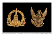 Stamped and gilded metal hat plates or insignia of Captain Francis "Frank" Ignatius Deveraux Webb (1832-1908). One features the Battle Monument and the other was worn on the shako helmet of the 5th Regiment Maryland National Guard. Born in Washington, D.C., his father was a Marylander and his mother was from the Dominican Republic. Webb…
