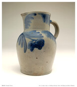 Salt-glazed stoneware pitcher decorated with elaborate blue flower and leaf motif. Incised under handle with 'A Wepfield/ 1870' /three links, Independent Order of Odd Fellows emblem. Made at Maulden Perine's Baltimore Street Pottery and stood in the window of Bowers Pharmacy, 1001 W. Baltimore St. next to J. B. Cook.