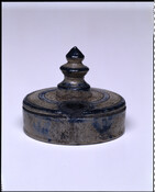 Grey stoneware and salt-glazed inkwell with blue cobalt decorations. Base inscription reads: "M.P.'s/ W.M.S." which indicates ownership or make by Maulden Perine (1765-1797) of Baltimore. His brother Peter Perine (1773-1819) was a well-known stoneware maker of the period.