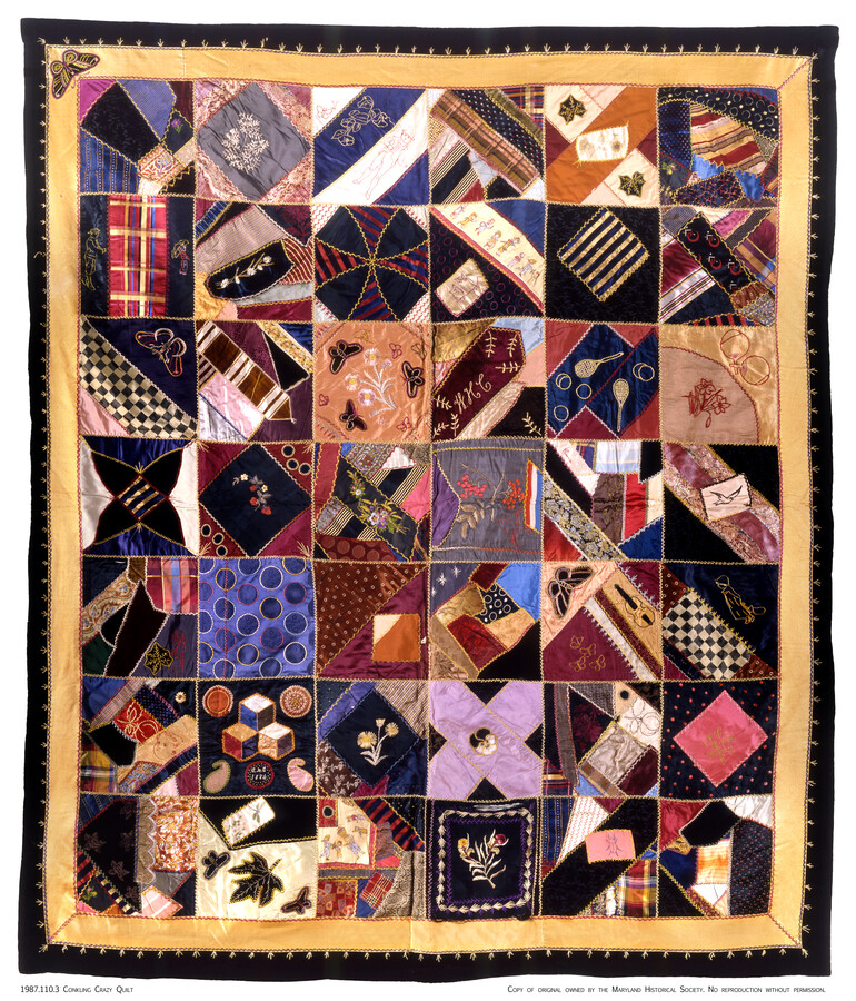 Crazy quilt typical to the style created by Olivia Hardesty Kirk Conkling (1850-1934), the wife of William H. Conkling, who was the president of the Savings Bank of Baltimore. The quilt has a 42-block design with a double border of yellow silk ribbon and black silk velvet. There are many embroidered designs on the pieced…