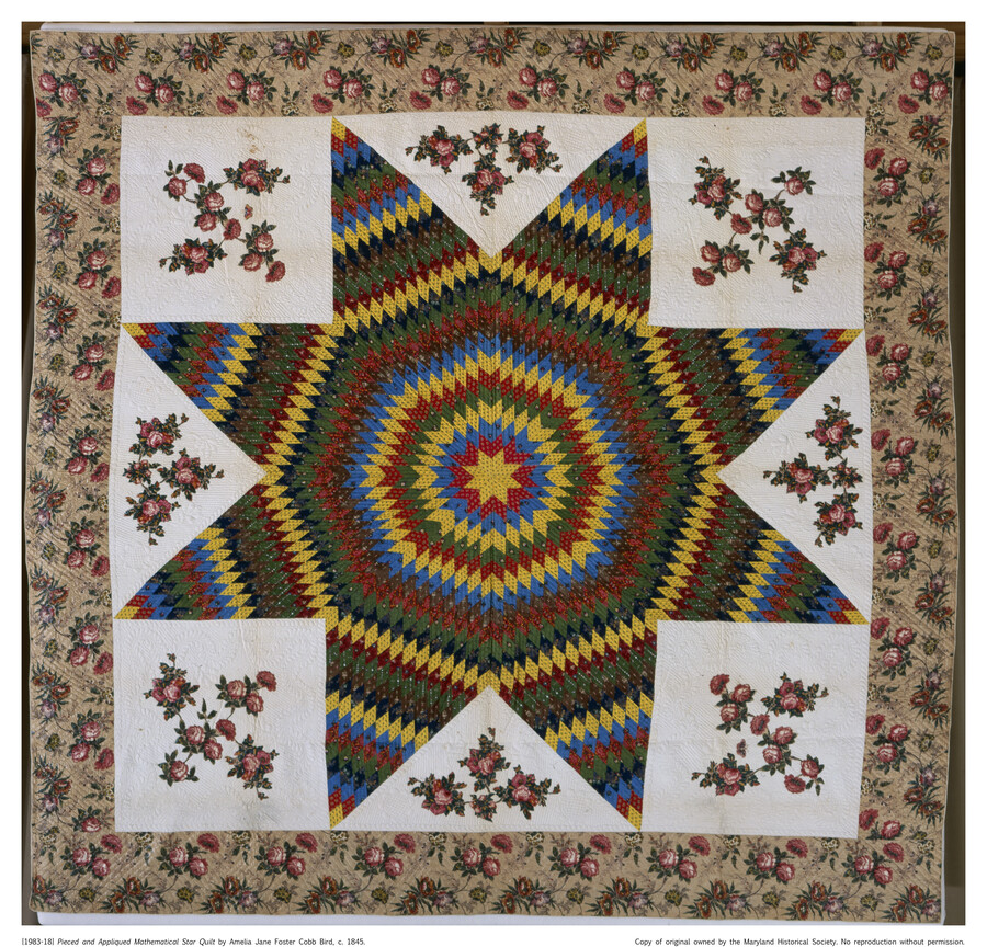 Pieced and appliqued Mathematical Star Quilt featuring a large central eight-pointed star made from rows of fabric diamonds with alternating colors including yellow, red, blue, green, brown, and black. Between the points of the star are appliqued pieces of floral chintz on a plain white background. The quilt has a wide floral chintz border.