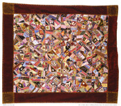 Crazy quilt with mixed printed silk fabrics in irregular shapes stitched together, with a variety of flowers, animals, and figures embroidered in colorful thread on various scraps, with broad velvet border.