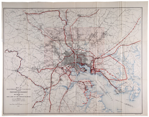 Map of Baltimore and vicinity showing proposed enlargement of Baltimore City also main lines of the various railroads — 1916-02
