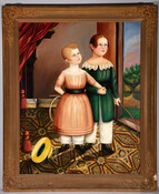 Full-length group portrait of two young boys, John Rogers Diffenderffer (c.1839- ) and George Stonebraker Diffenderffer (c.1840), standing in a room with patterned carpet next to a large window. The boy on the left has blond hair and is wearing a peach-colored dress with a black belt and white trousers underneath. The boy on the…