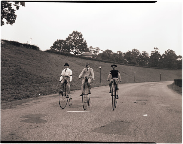 Three people on high wheeler bicycles at Clifton Lake — 1955-07-09