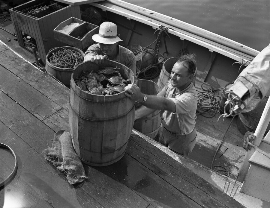 A barrel of crabs is placed on the edge of a dock. Two fishermen standing on a boat are holding onto the rim of the full barrel.